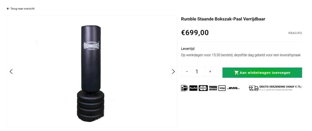 Rumble Staande Bokszak-Paal Verrijdbaar, Ophalen, Zo goed als nieuw, Bokszak