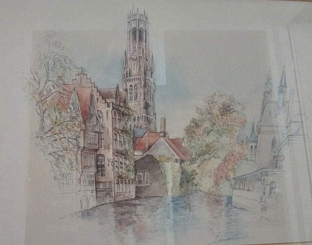 Litho van Brugge gemaakt door Bernadette Voz, Ophalen of Verzenden, Overige onderwerpen, Lithografie