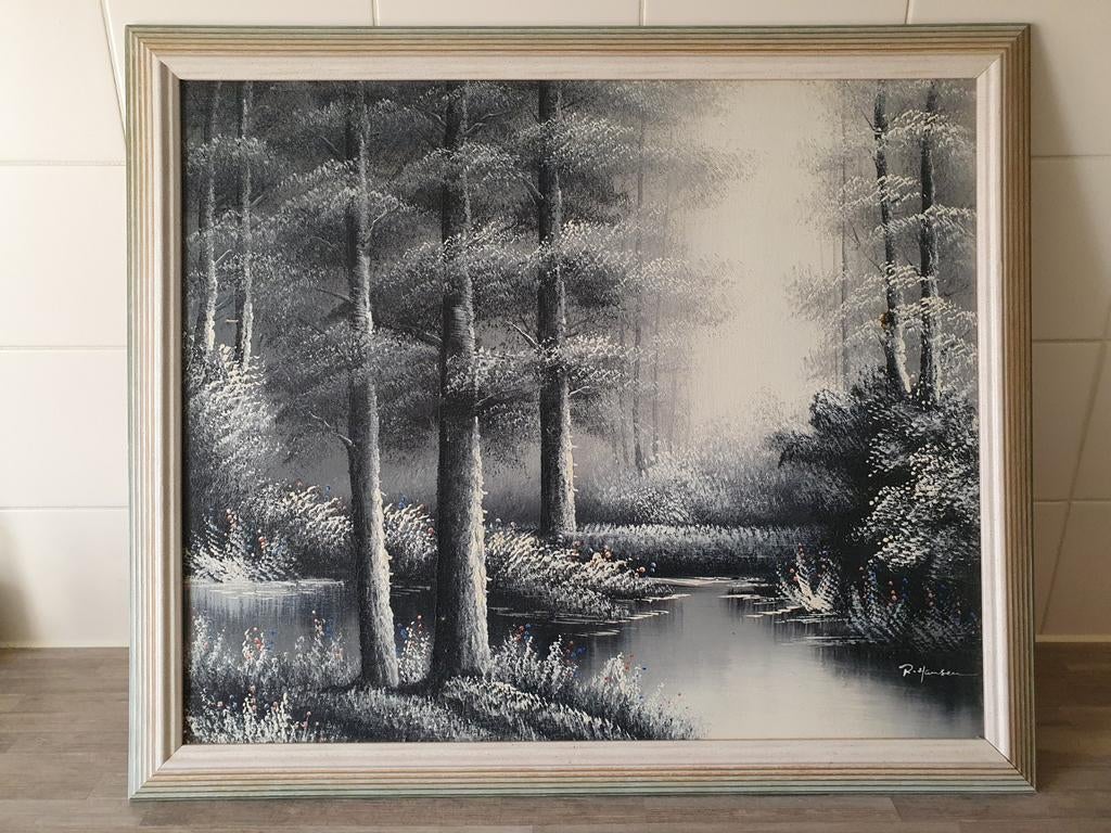 R. Hansen wintertafereel - Schilderij van bos en beek, Antiek en Kunst, Kunst | Schilderijen | Klassiek, Ophalen of Verzenden