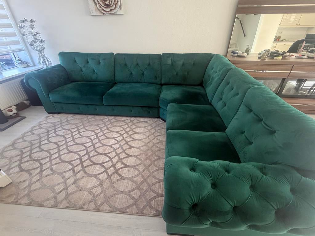 Luxe Groene Velvet Hoekbank - Comfortabel en Stijlvol, Ophalen, 100 tot 125 cm, Hoekbank, 300 cm of meer
