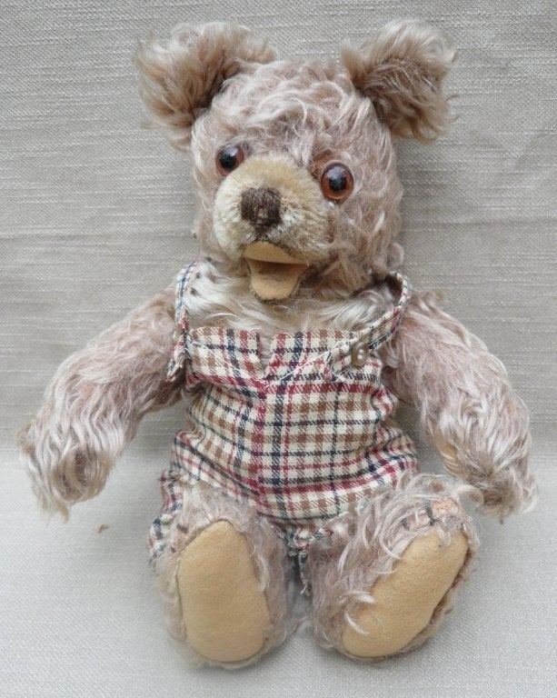 Oud Steiff Zotty teddybeertje met geruite tuinbroek  , Verzamelen, Verzenden, Gebruikt, Stoffen beer, Steiff