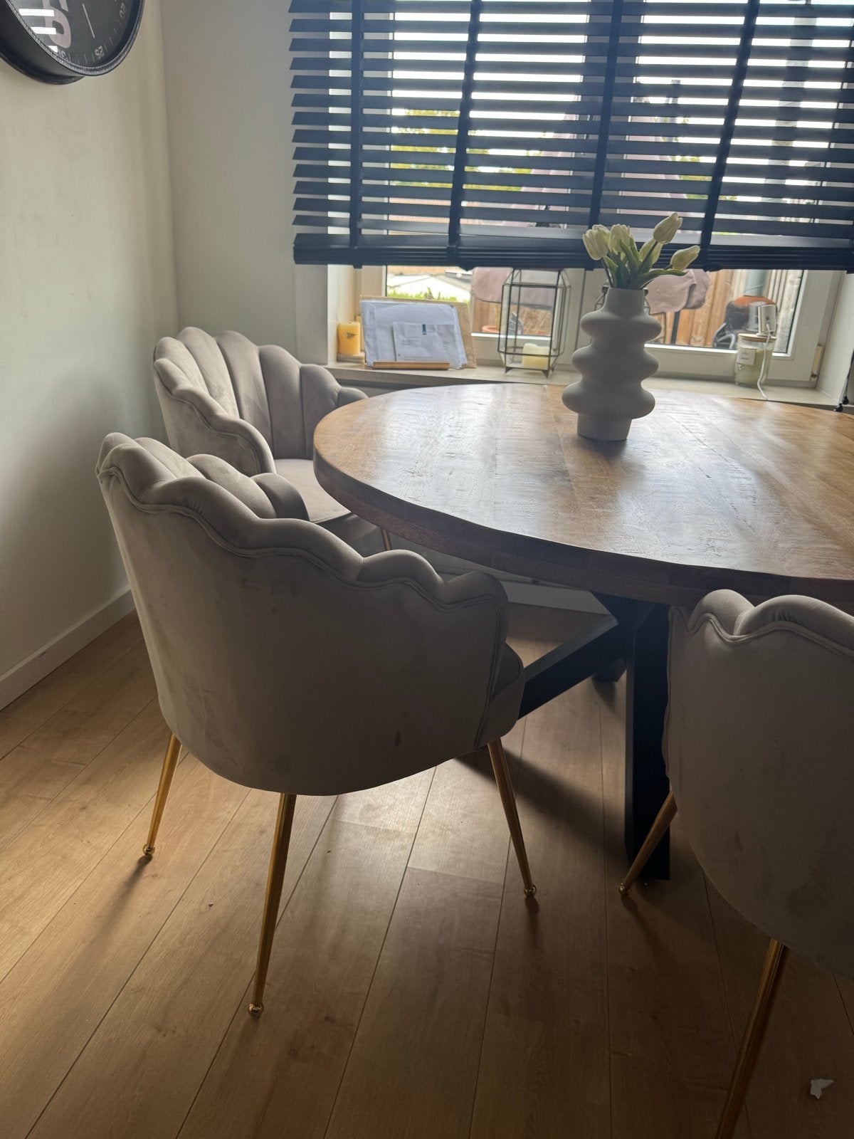 6 zo goed als nieuwe eetkamerstoelen in taupe kleur, Overige kleuren, Ophalen of Verzenden, Zo goed als nieuw, Stof