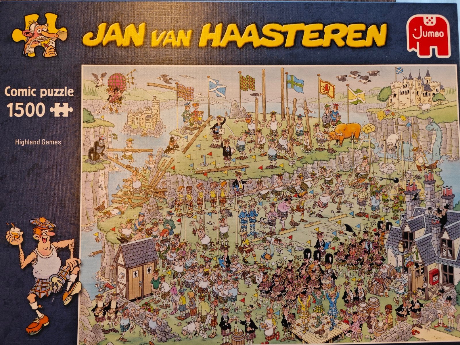 Jan van Haasteren puzzel Highland games 1500 stukjes, Ophalen of Verzenden, 500 t/m 1500 stukjes, Zo goed als nieuw, Legpuzzel