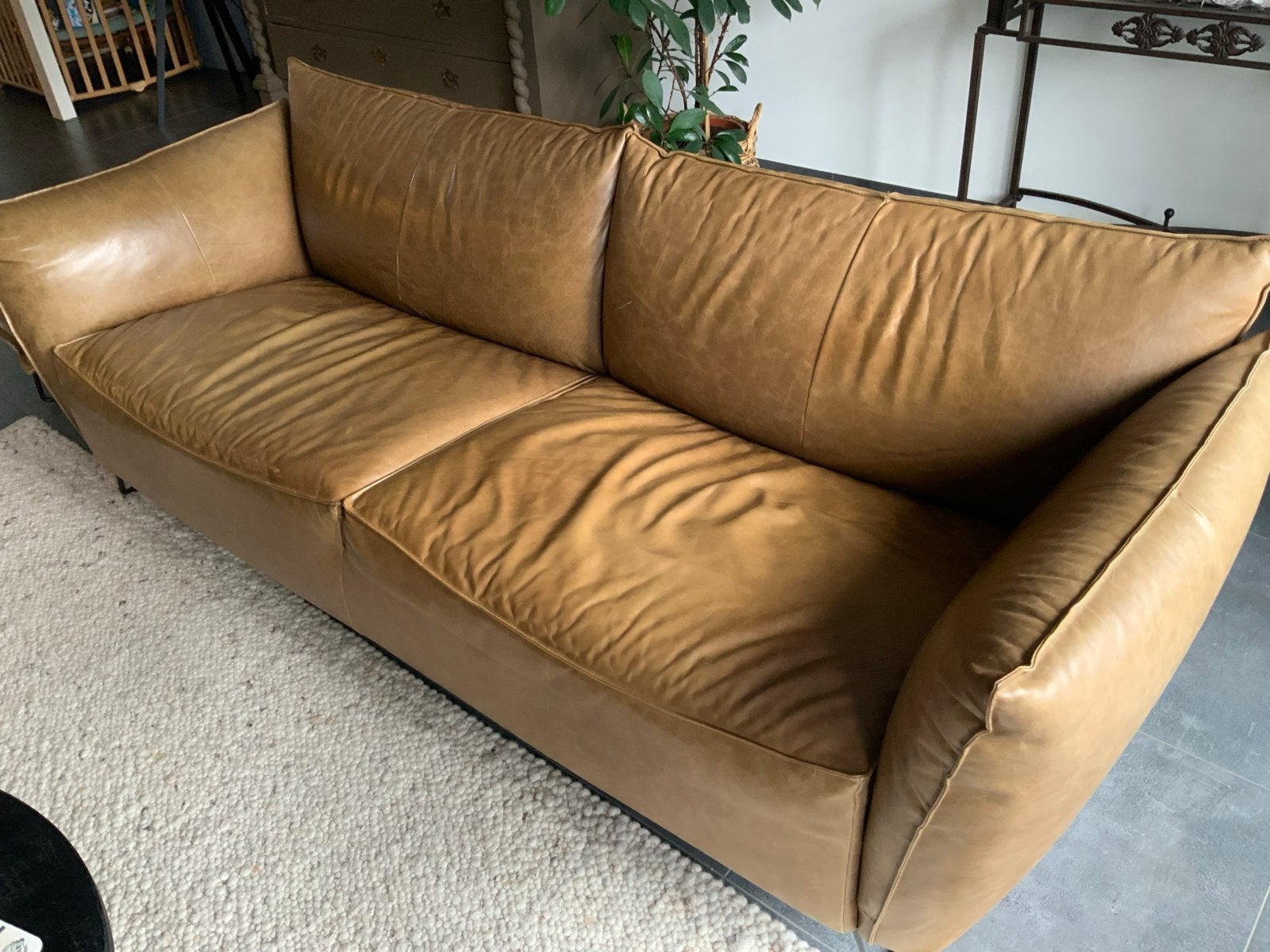 Leren bank en fauteuil van Jess Design - Zo goed als nieuw, Huis en Inrichting, Ophalen, Driepersoons, Zo goed als nieuw, Rechte bank