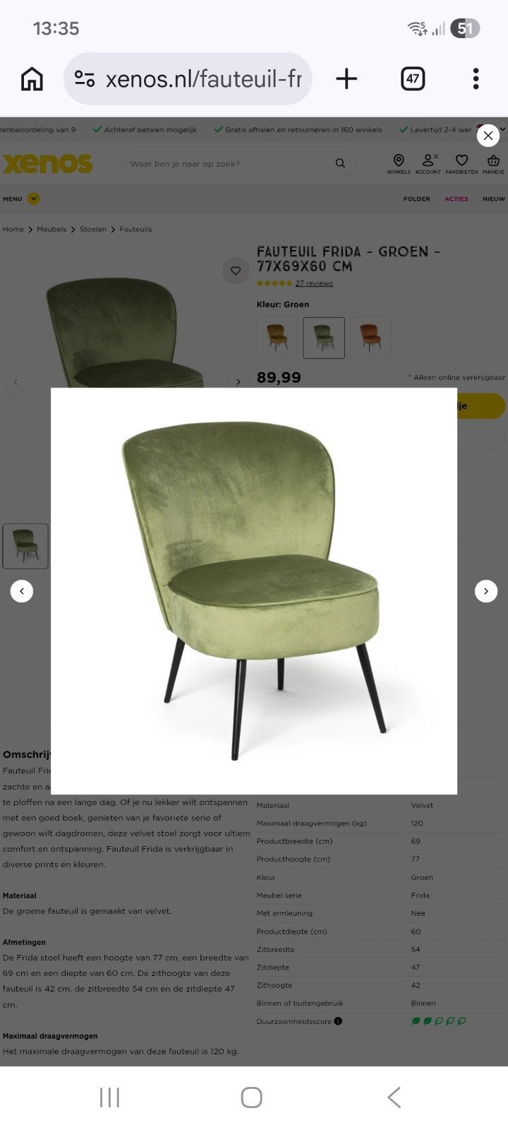 Fauteuil Frida - Groen - 77x69x60 cm, Huis en Inrichting, Fauteuils, Ophalen