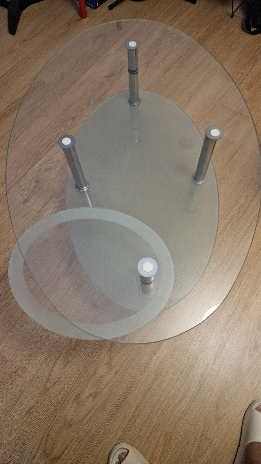 Glazen salontafel met metalen poten, Ophalen, Rond, 100 tot 150 cm, 50 tot 100 cm