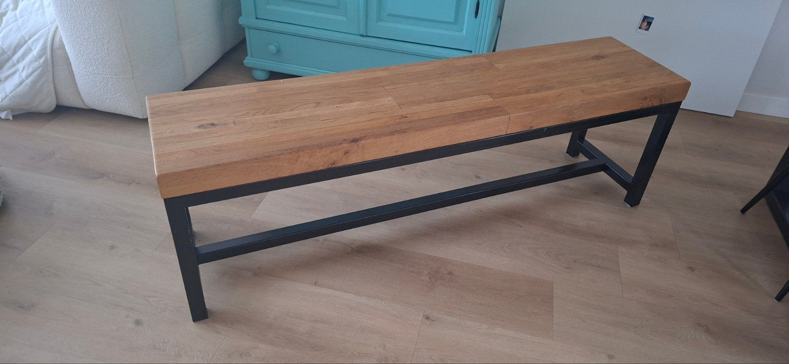 eiken houten bank met stalen frame., Huis en Inrichting, Stoelen, Ophalen, Zo goed als nieuw, Hout