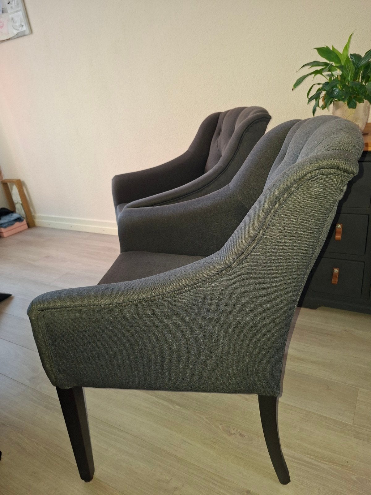 4 eetkamerstoelen donkerbruin/grijs, Huis en Inrichting, Ophalen, Hout, Bruin, Zo goed als nieuw