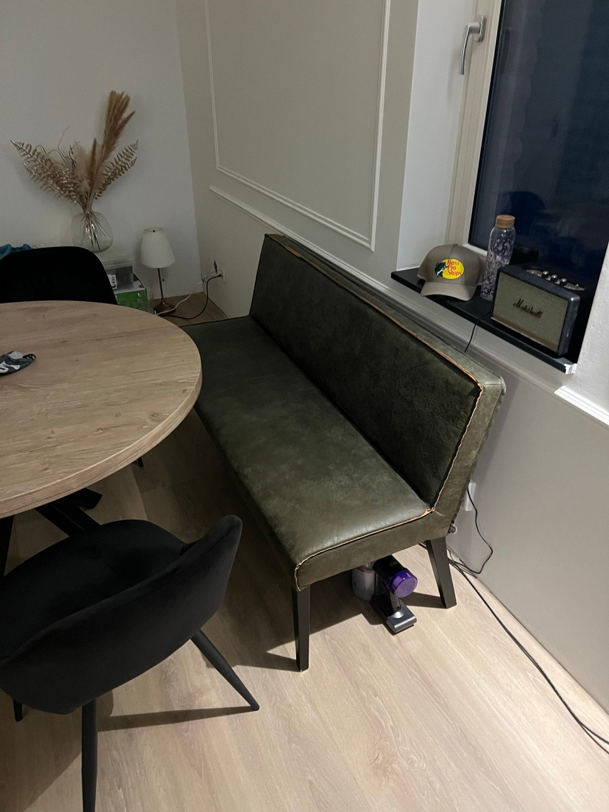 Olijfgroen eettafel bankje - 155cm lang, Ophalen, Gebruikt, Stof