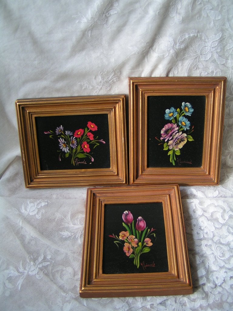 3 schilderijtjes met bloemen nr UU 483, Antiek en Kunst, Verzenden, Origineel werk, Bloemen, Paneel