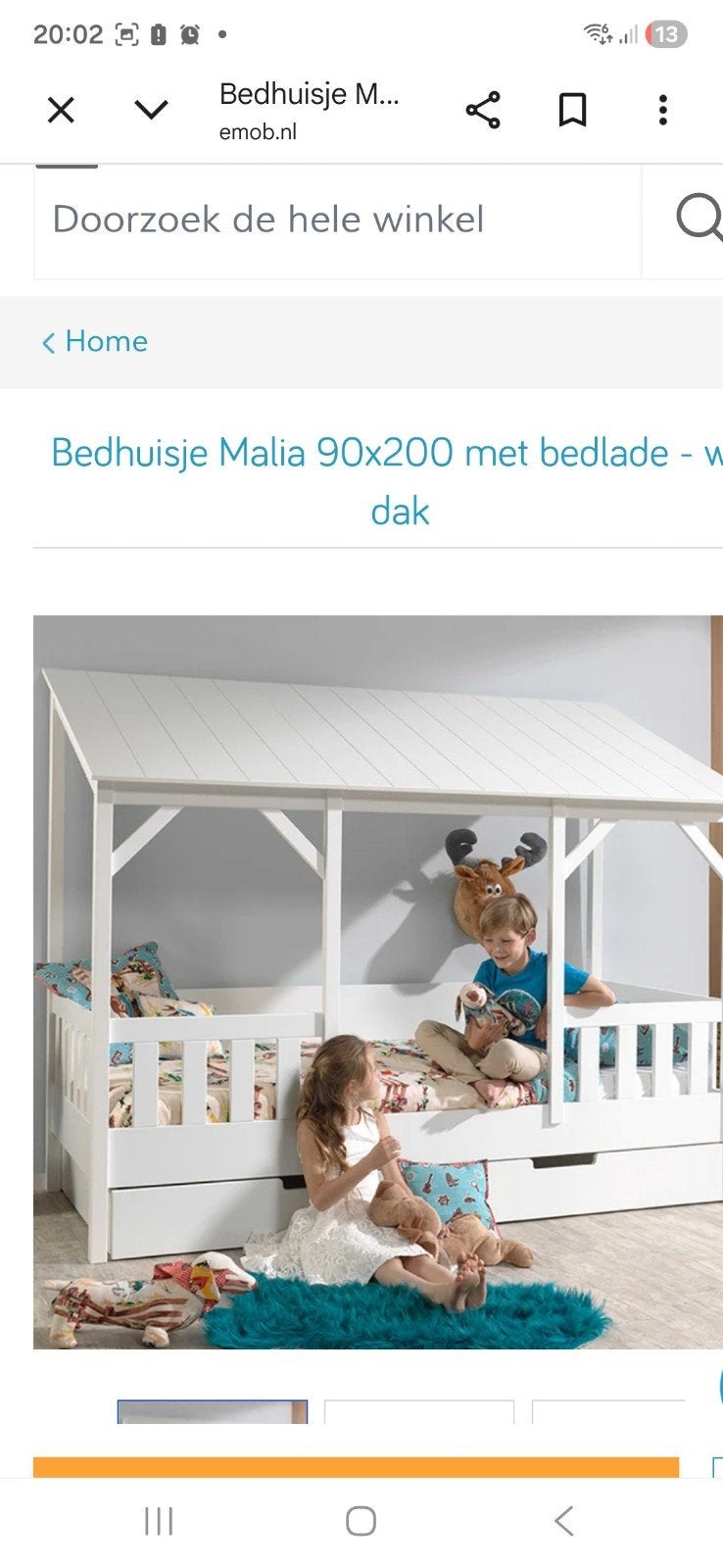 Bedhuisje Malia 90x200 met bedlade - wit dak, Ophalen, Zo goed als nieuw, 180 cm of meer, 85 tot 100 cm