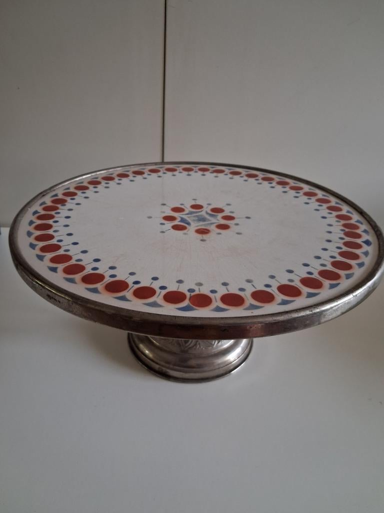 Vintage Taartplateau met porseleinen plaat, diameter 32 cm, Ophalen of Verzenden