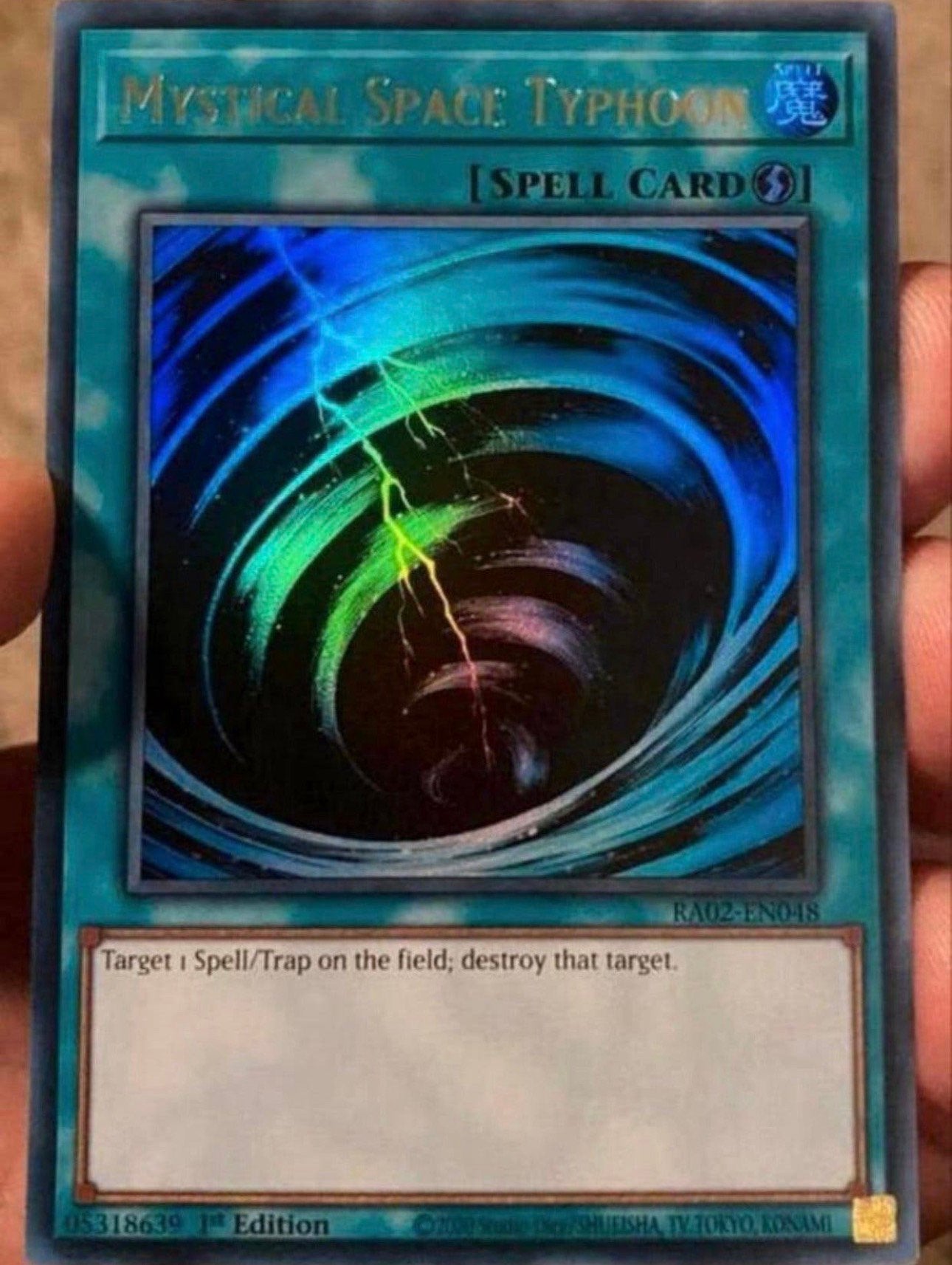 Yu-Gi-Oh! Mystical Space Typhoon RA02 1st Edition !, Ophalen of Verzenden, Zo goed als nieuw, Losse kaart, Foil