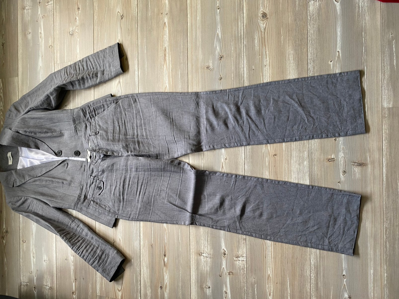 Mexx licht grijs linnen damespak met witte blouse 38-40, Ophalen of Verzenden, Zo goed als nieuw, Maat 38/40 (M), Grijs