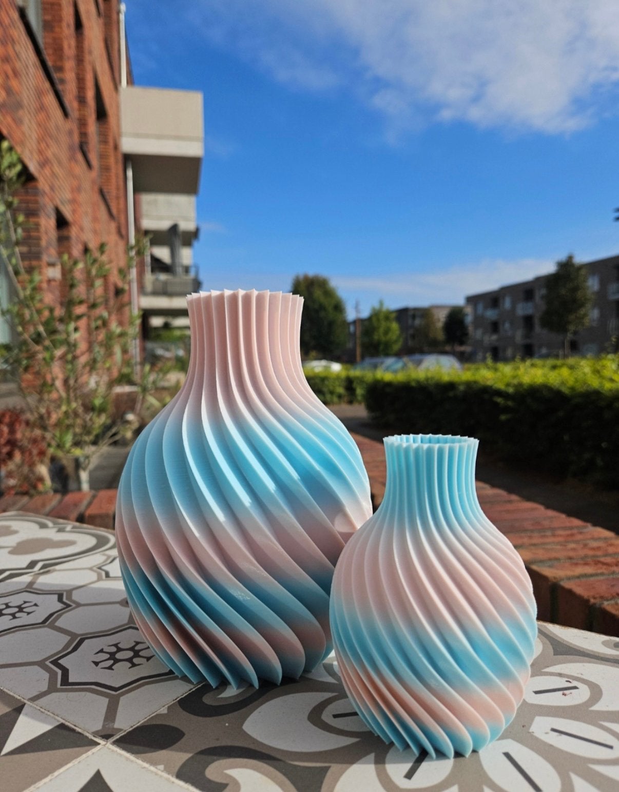 Spiraal vaas set van 2 vazen baby roze blauw gender reveal, Ophalen of Verzenden, Nieuw, Roze