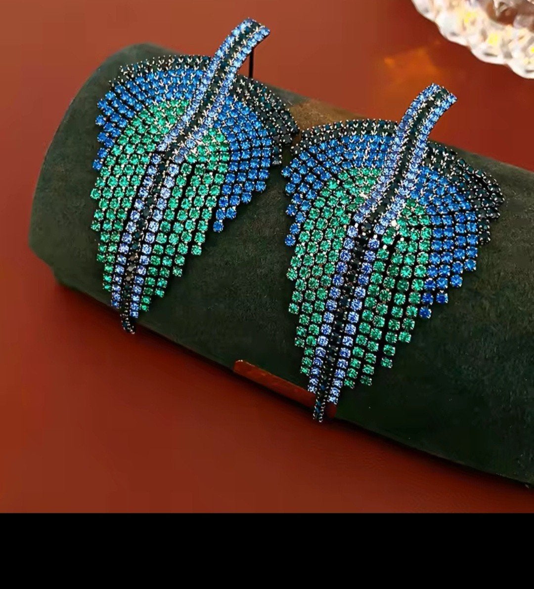 Nieuwe Bladvormige Oorbellen met Strass - Blauw/Groen, Ophalen, Overige materialen, Hangers, Blauw