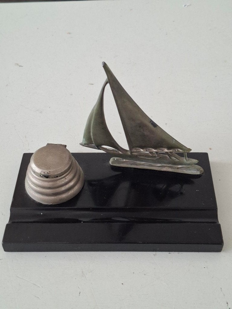 vintage art deco inktstel pennenhouder jaren 30 zeilboot, Ophalen of Verzenden