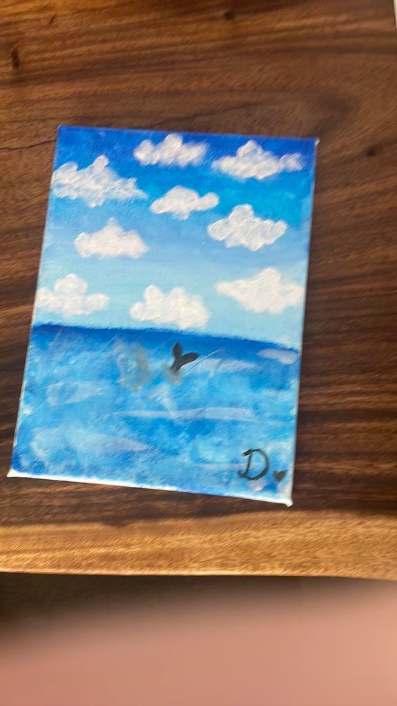 Mooi self geschilderd schilderij met een dolfijnen vin, Ophalen of Verzenden, Zo goed als nieuw