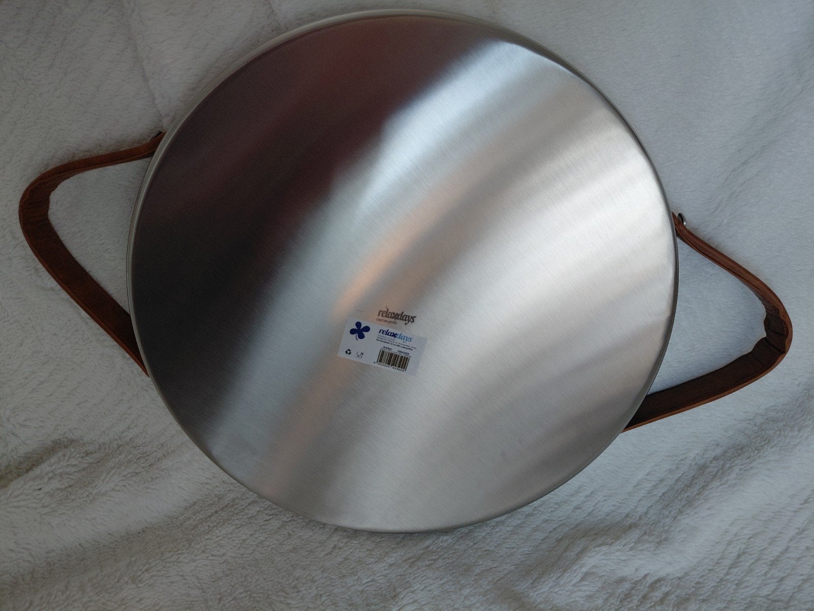 Relaxdays Dienblad Rond RVS met Leren Handvatten 32x4 cm, Met handvatten, Rond, Ophalen of Verzenden, Zo goed als nieuw
