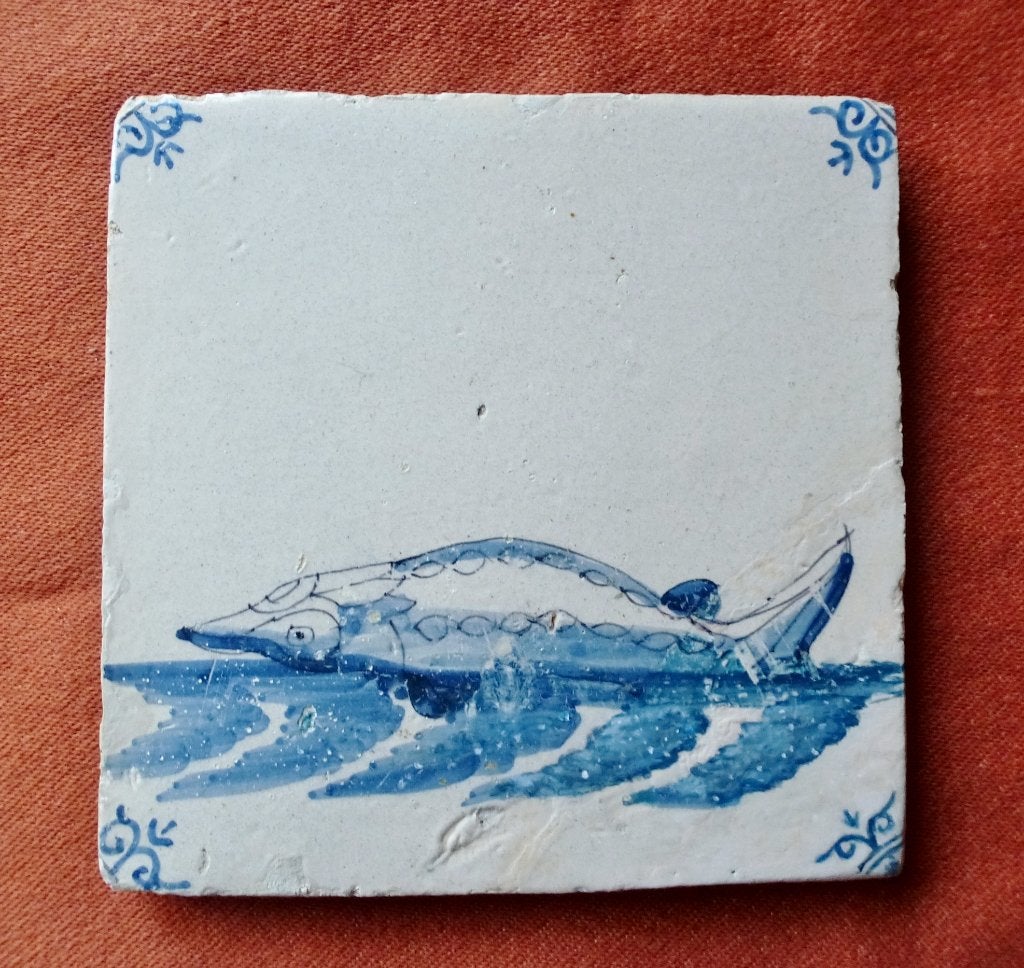 Zeldzame 17e eeuwse VISSEN tegel met STEUR afbeelding!, Antiek en Kunst, Ophalen of Verzenden
