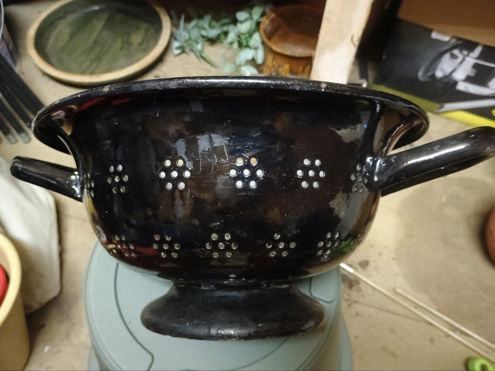 Vintage geëmailleerd vergiet met handvatten, Ophalen of Verzenden