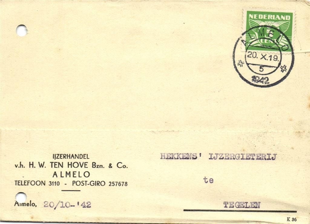 v.h. H.W. ten Hove Bzn. + Co., Almelo - 10.1942 - briefkaart, Ophalen of Verzenden, Briefkaart