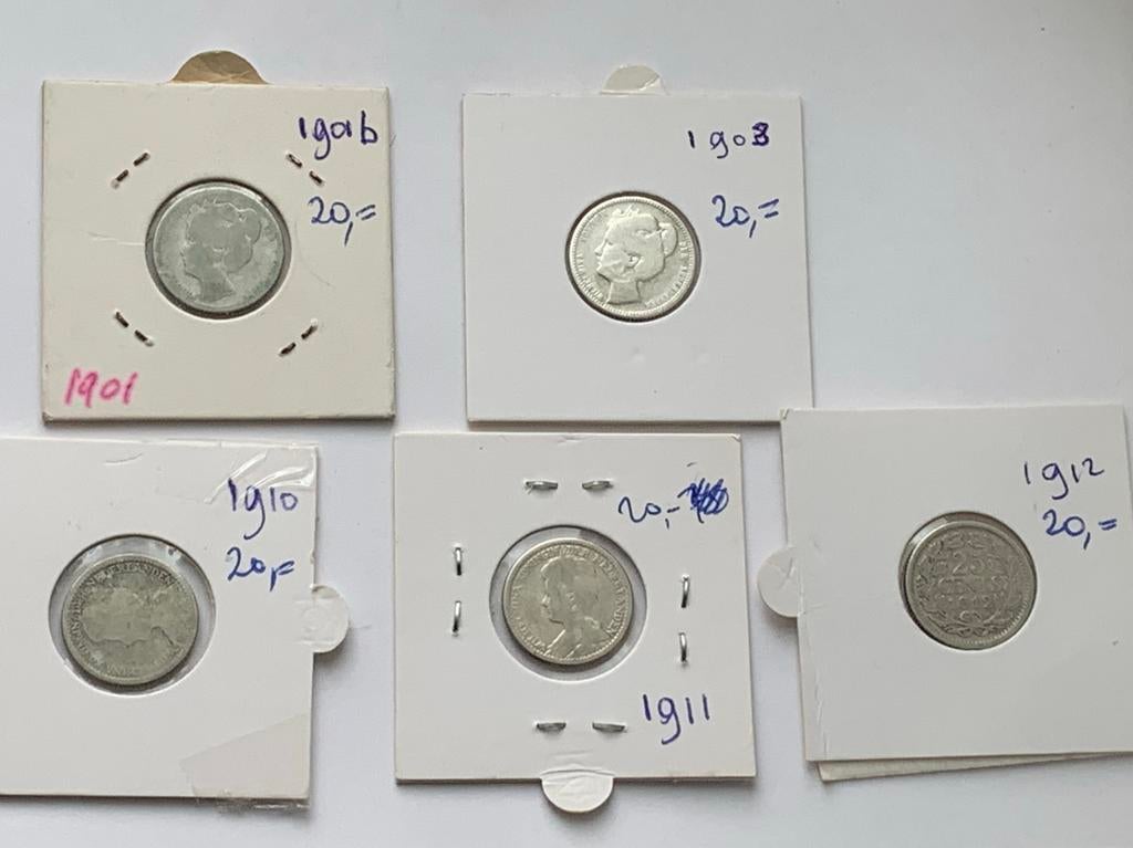 5 tal oude zilveren kwartjes wilhelmina, Postzegels en Munten, Munten | Nederland, Ophalen of Verzenden, Koningin Wilhelmina, 25 cent