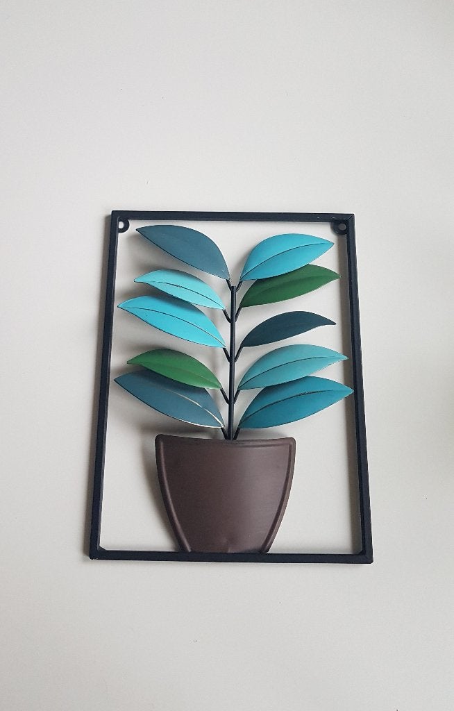 Wanddecoratie. Plant groen, blauw, turkoois. Metaal., Metaal, Groen, Wandhanger, Ophalen of Verzenden