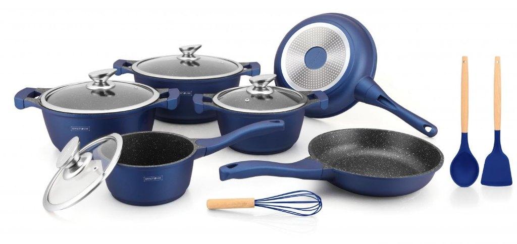 Pannenset 10 delig marmeren coating blauw limited, Verzenden, Pannenset, Keramische plaat, Nieuw