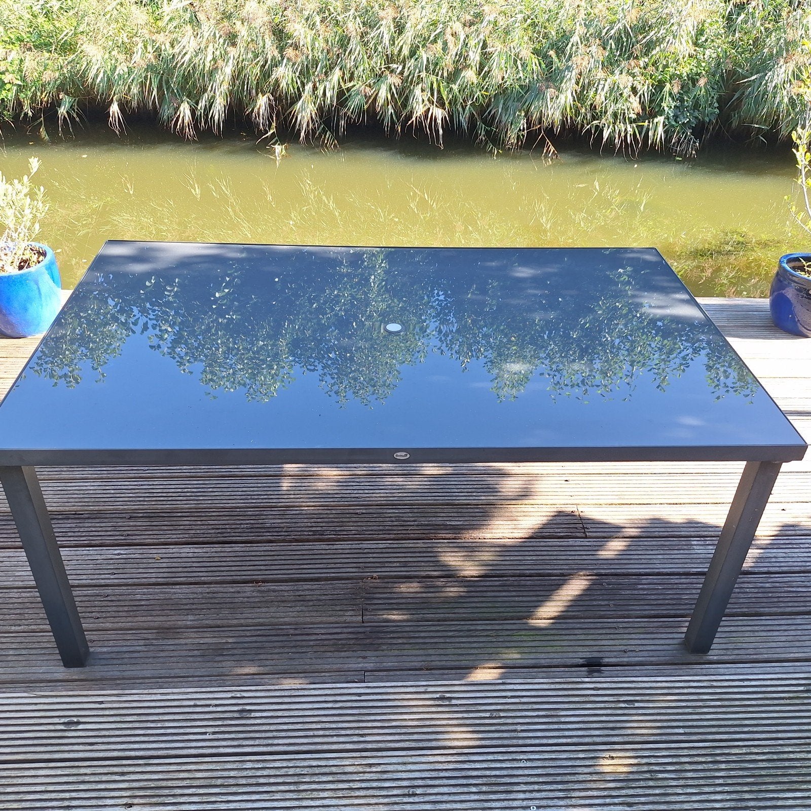 Hartman tuintafel met glazen blad, Ophalen, Gebruikt, Rechthoekig, Metaal
