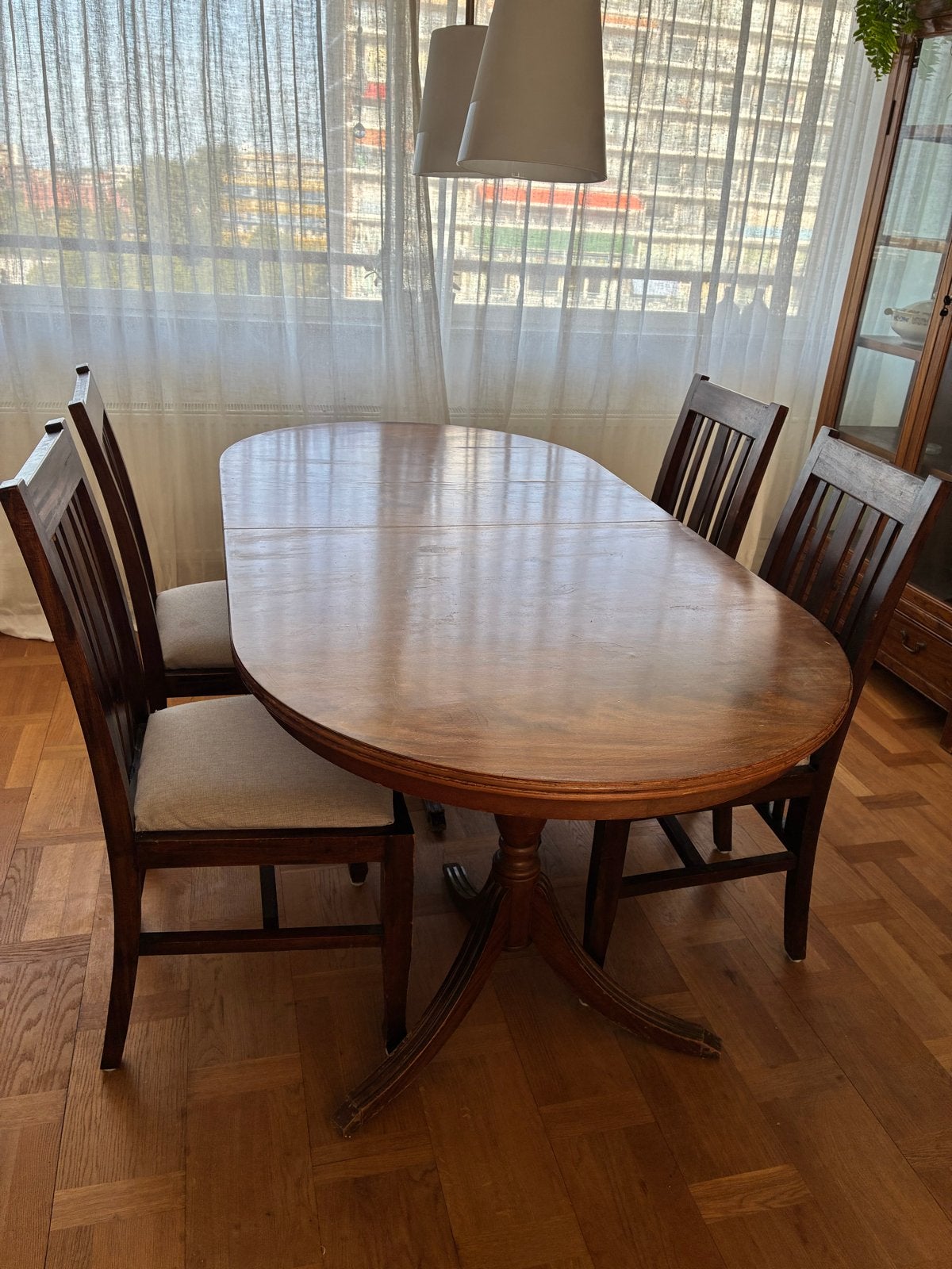Eethoek notenhout fineer met 4 stoelen (Amsterdam), Ophalen, Gebruikt, 50 tot 100 cm, 150 tot 200 cm