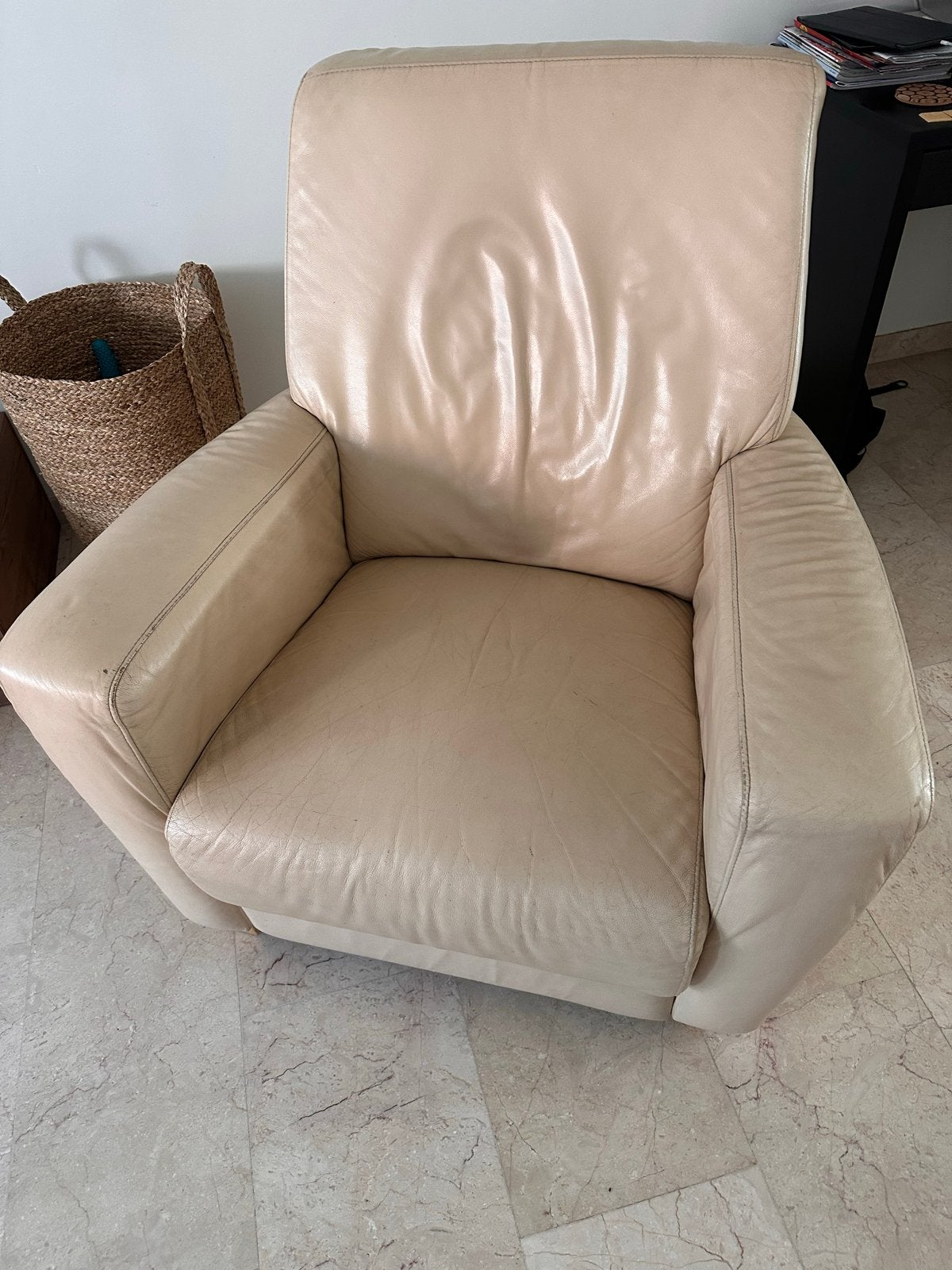 Comfortabele Crèmekleurige Leren Fauteuil, Huis en Inrichting, Ophalen of Verzenden, Gebruikt, Leer, 75 tot 100 cm