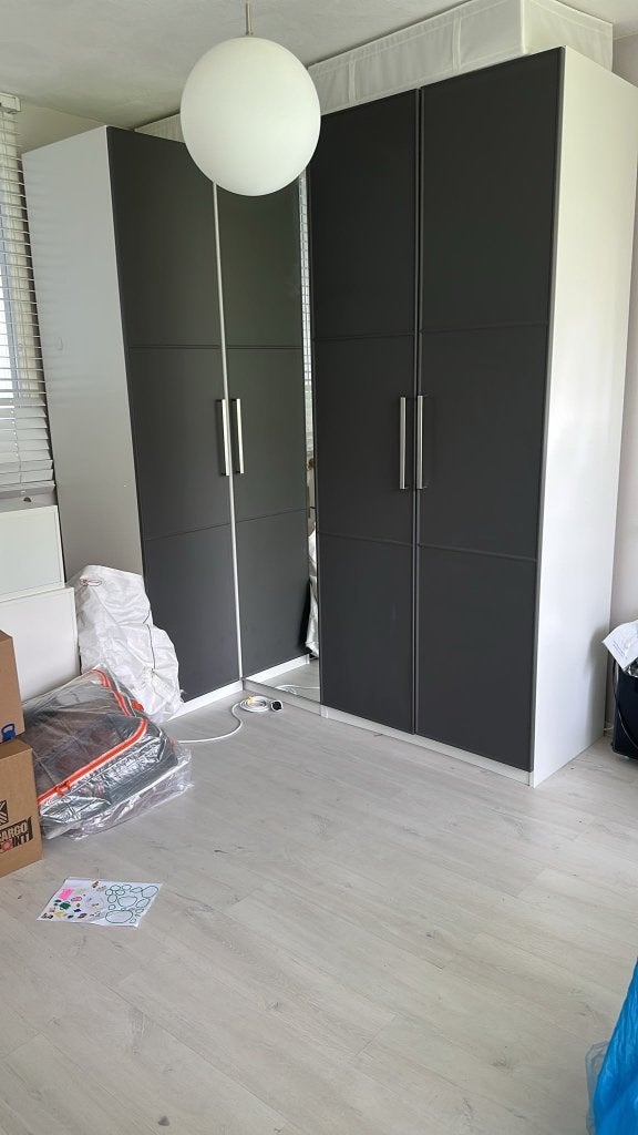 IKEA PAX Hoekkast,  spiegeldeur en KOMPLEMENT inrichting, Ophalen, 200 cm of meer, 150 tot 200 cm, Met klep(pen)