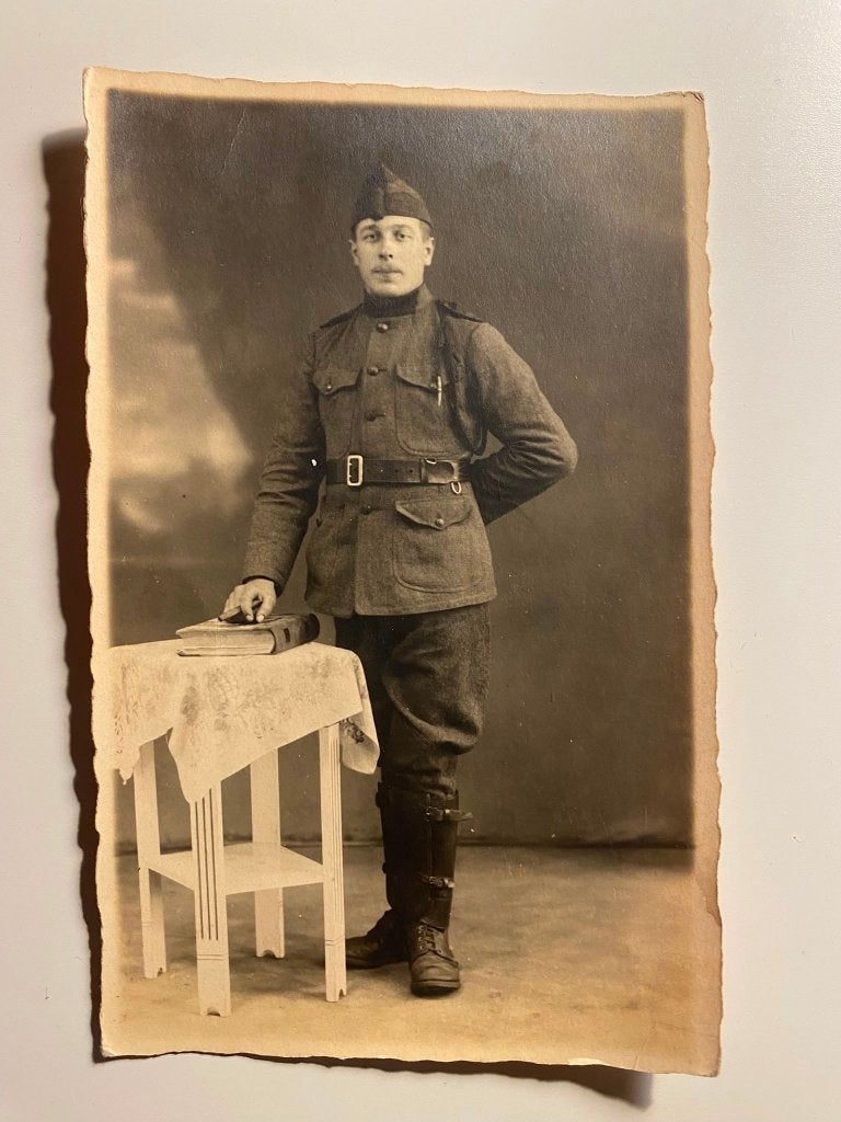 WO1 Foto – Belgische Soldaat / US Army Doughboy, Ophalen of Verzenden, Nederland, Foto of Poster