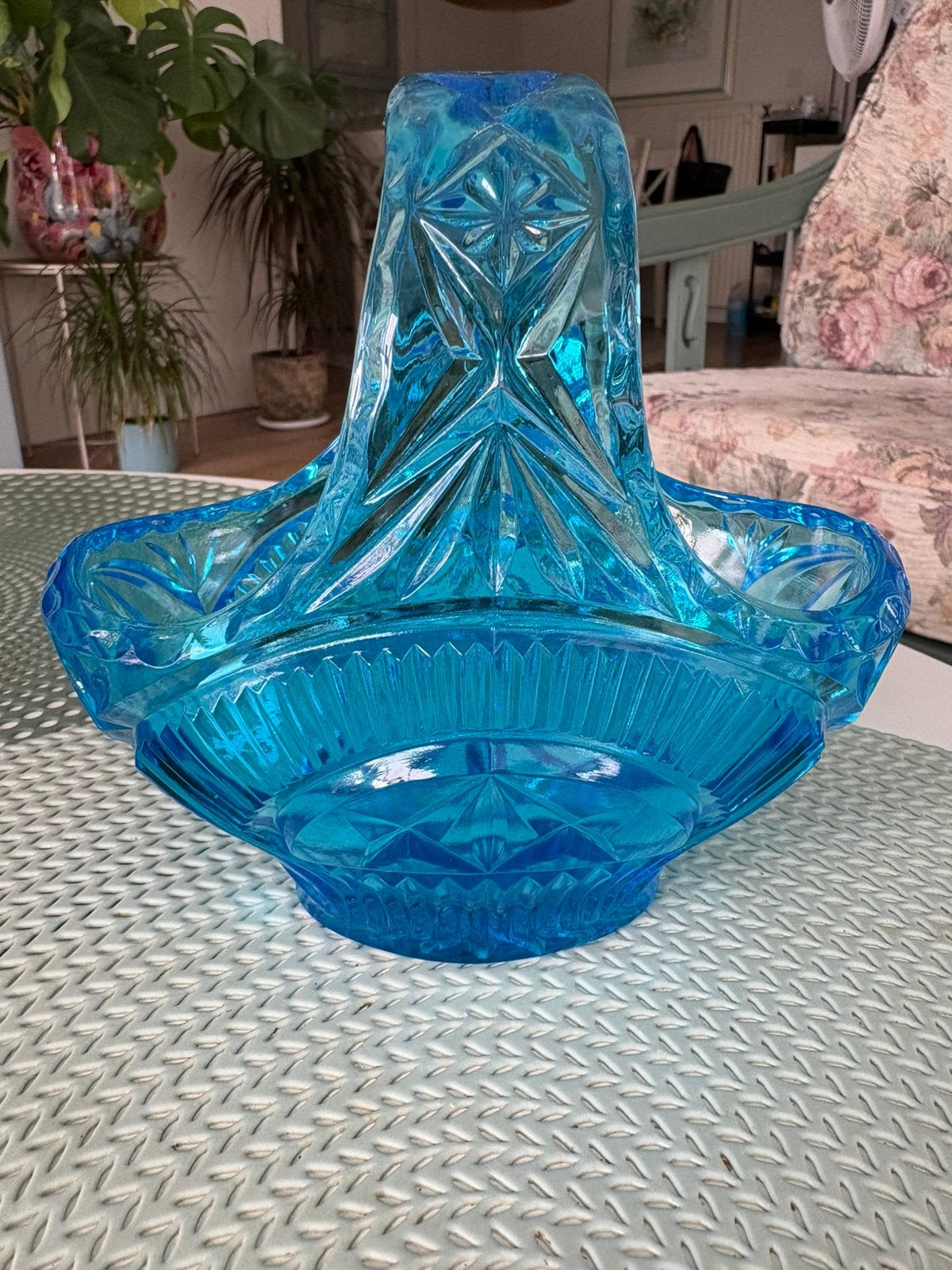 Vintage Bohemia Crystal turquoise glazen mand, Ophalen of Verzenden