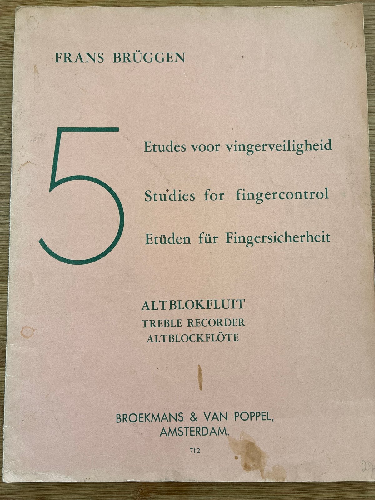 Frans Brüggen - 5 Etudes voor Vingerveiligheid Altblokfluit, Gebruikt, Klassiek, Les of Cursus, Ophalen of Verzenden