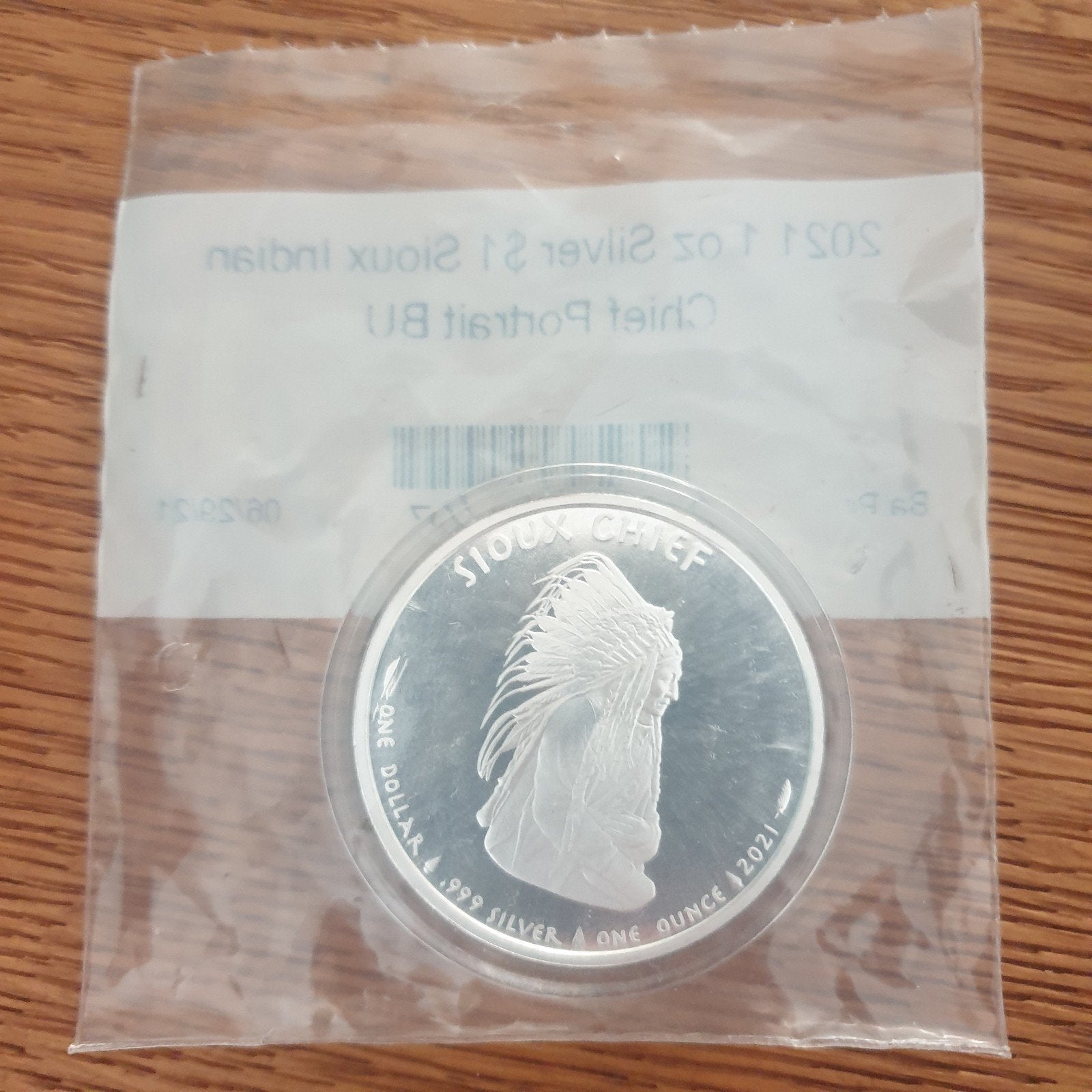 2021 1 oz Zilveren $1 Sioux Indian Chief Portret BU Munt, Verzenden, Losse munt, Zilver