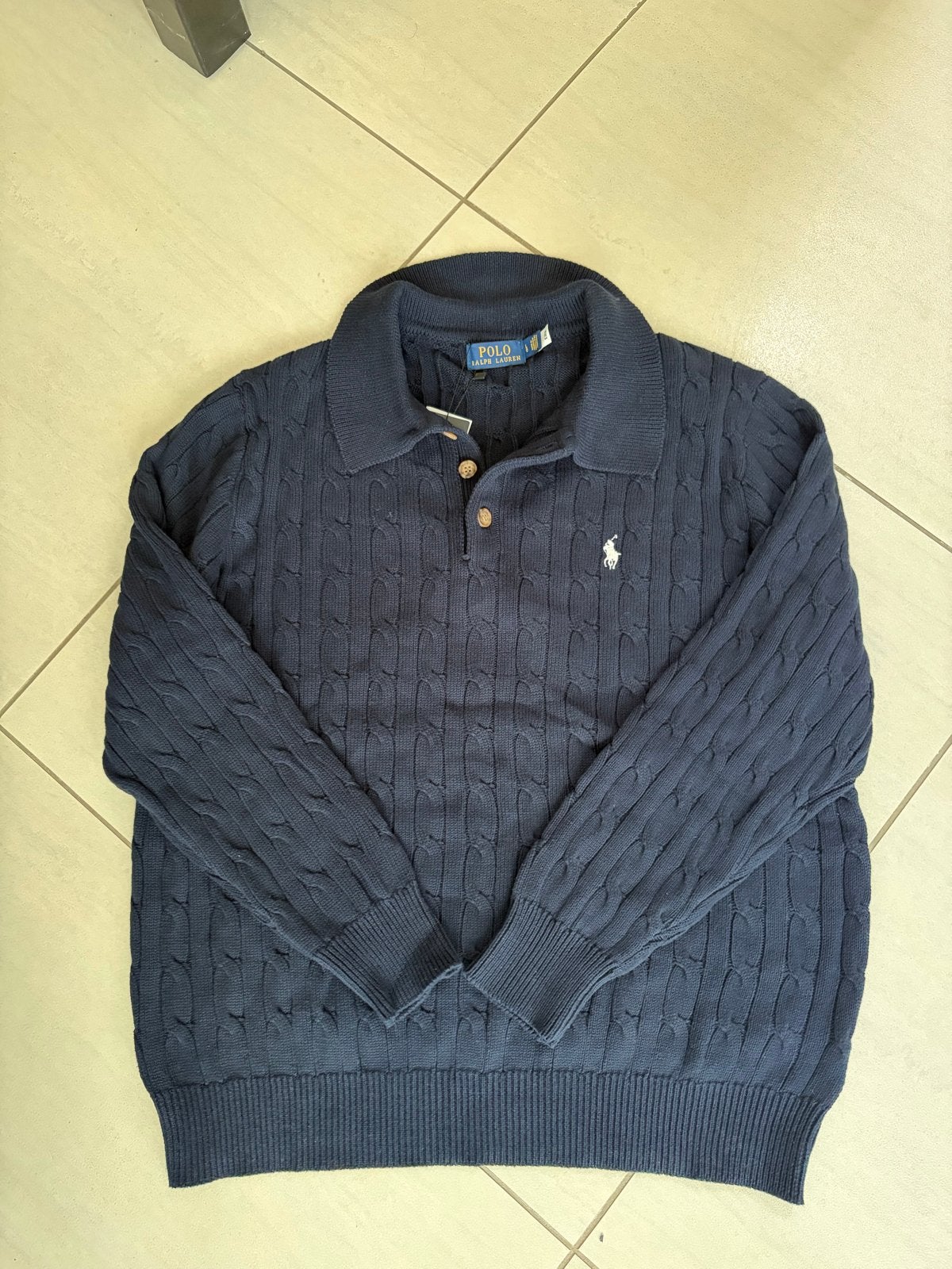 Polo Ralph Lauren kabelgebreide trui - Maat L, Kleding | Heren, Ophalen of Verzenden, Zo goed als nieuw, Maat 52/54 (L), Blauw
