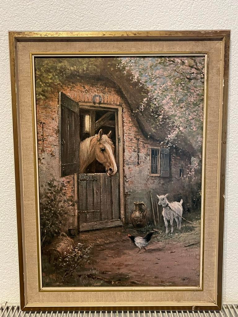 Leuke plaat met lijst - Boerderijtafereel met paard en geit, Antiek en Kunst, Ophalen of Verzenden