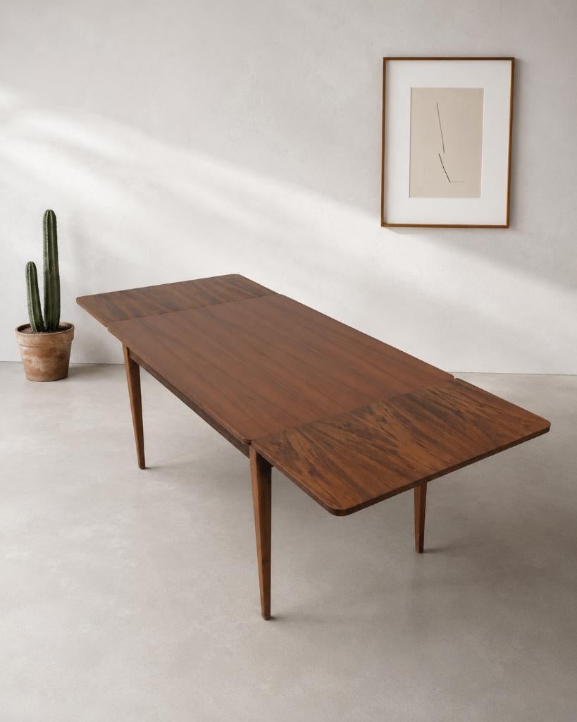 Scandinavische uitschuifbare eettafel in teak — jaren 60, Huis en Inrichting, Tafels | Eettafels, Ophalen, Gebruikt, 200 cm of meer