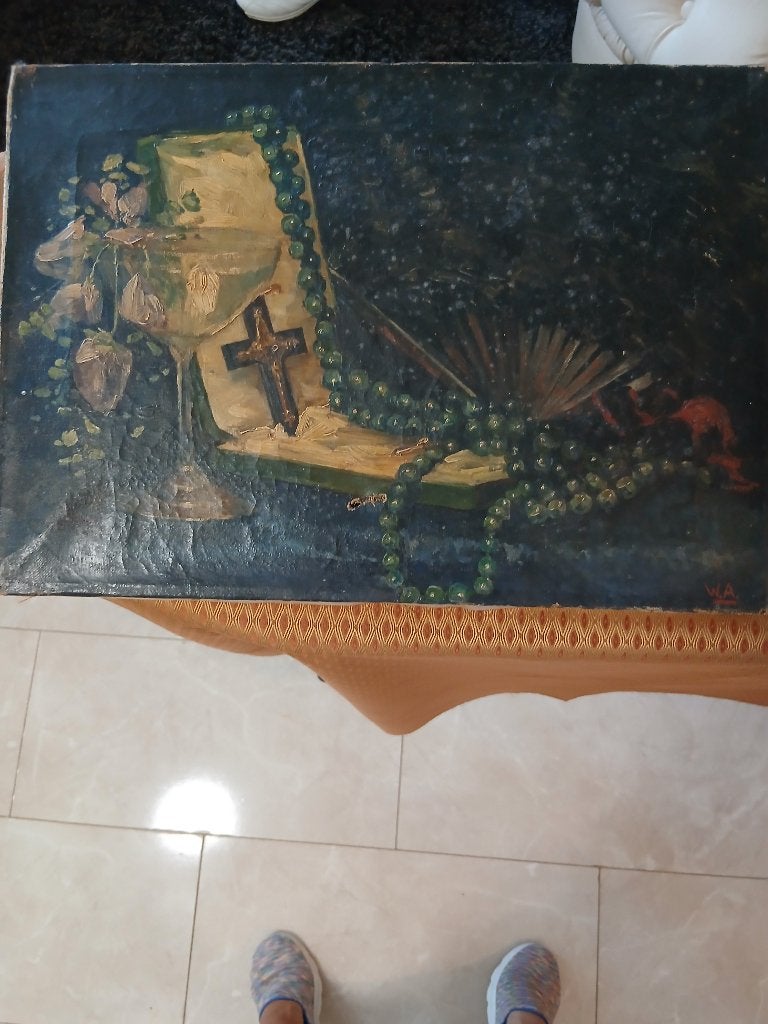 Oud schilderij met religieus stilleven, Antiek en Kunst, Kunst | Schilderijen | Klassiek, Ophalen, Doek, Realistisch, Stilleven