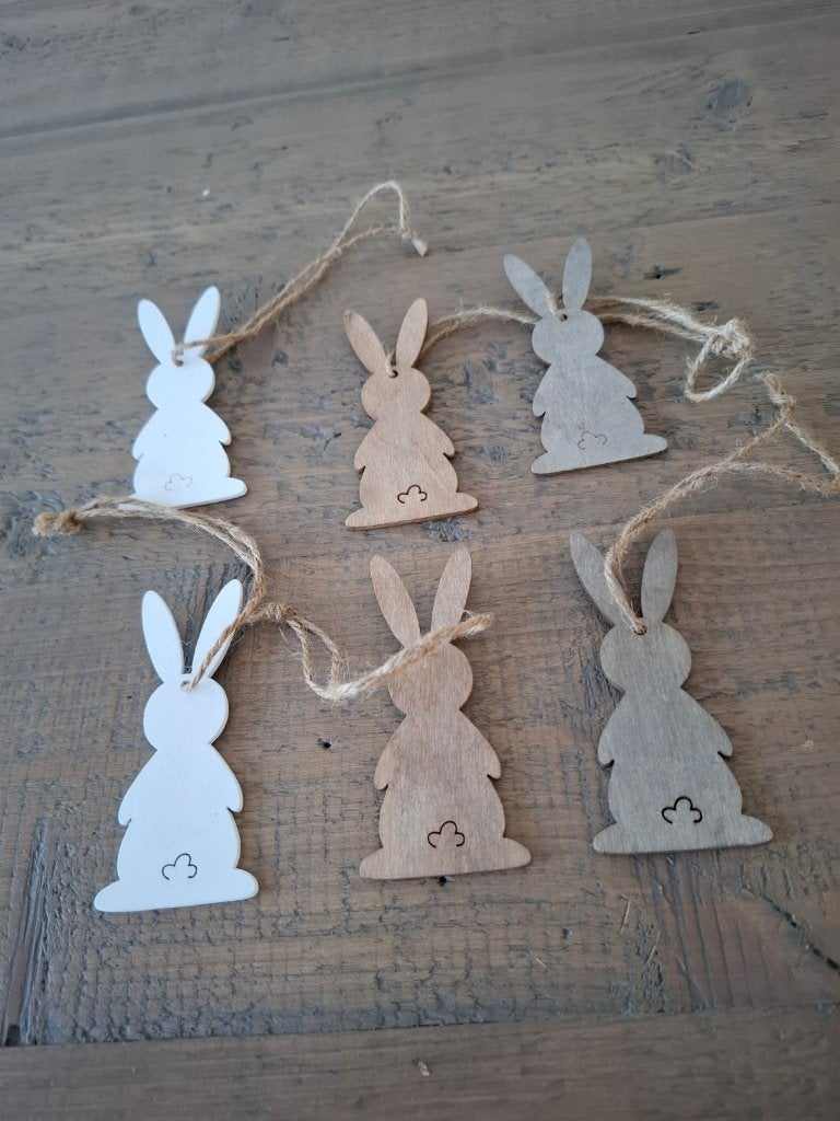 6 houten paashangers - konijntjes - naturel wit grijs, Ophalen of Verzenden, Zo goed als nieuw