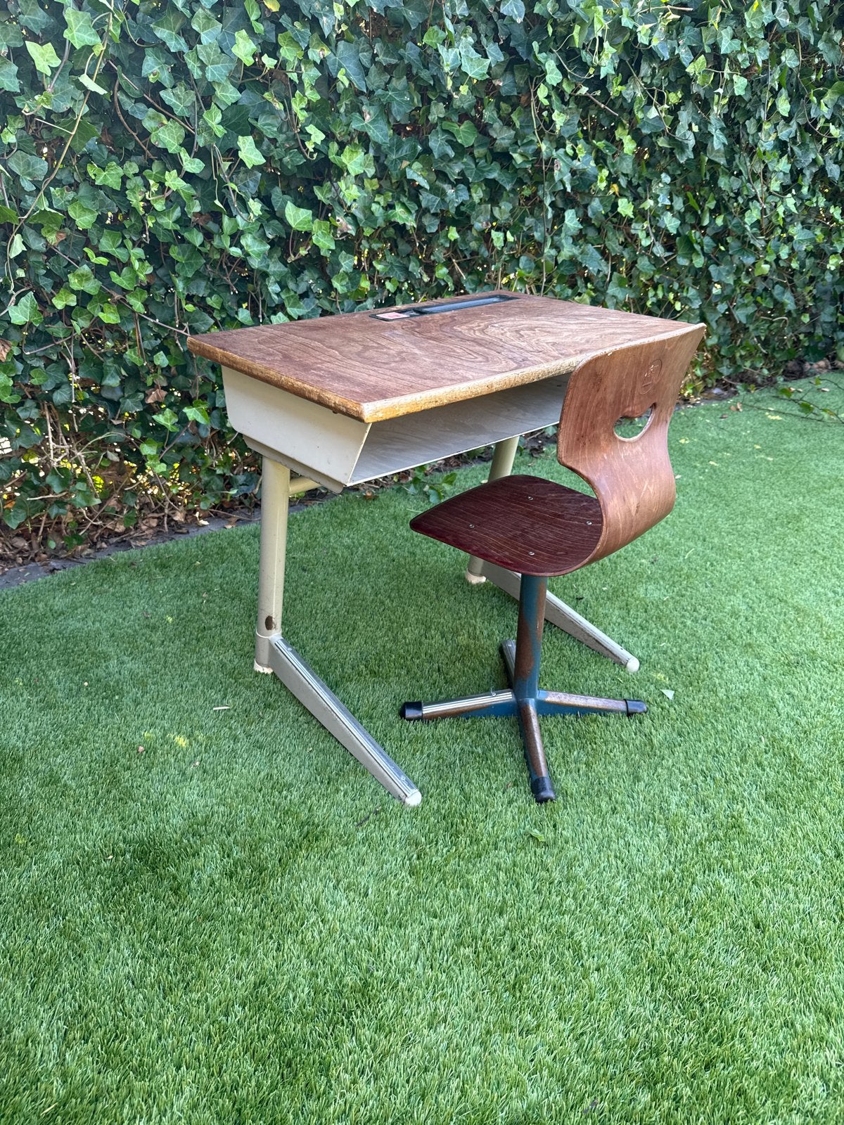Vintage Schoolbureau Lessenaar met Stoel, Huis en Inrichting, Ophalen, Opbergruimte, Gebruikt, Hout