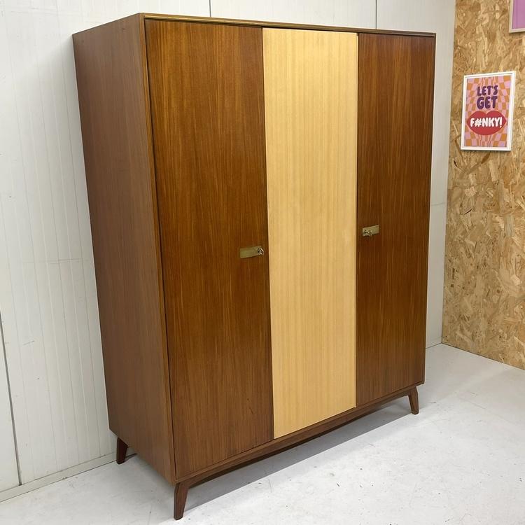 Vintage kledingkast j`60 duo-tone fineer hang leg demontabel, Huis en Inrichting, Kasten | Kledingkasten, Ophalen, Met deur(en)