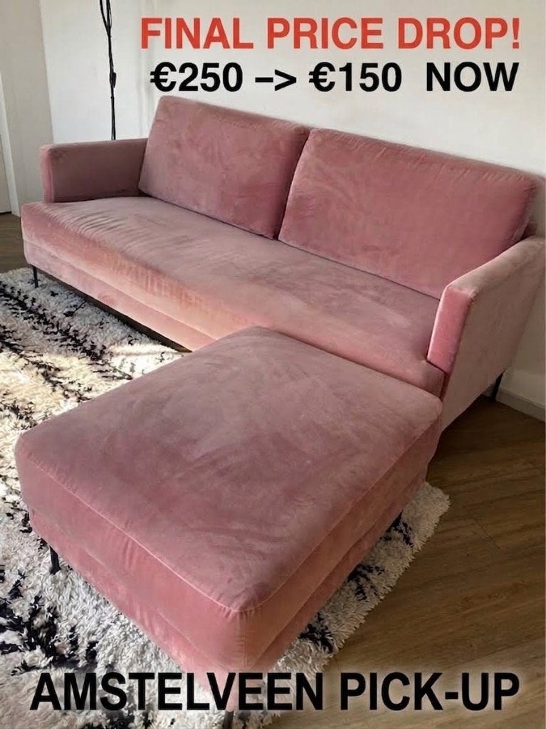 [Price Drop] WESTWING  Pink Velvet Sofa + Footstool/Ottoman, Ophalen, Gebruikt, 150 tot 200 cm, Driepersoons