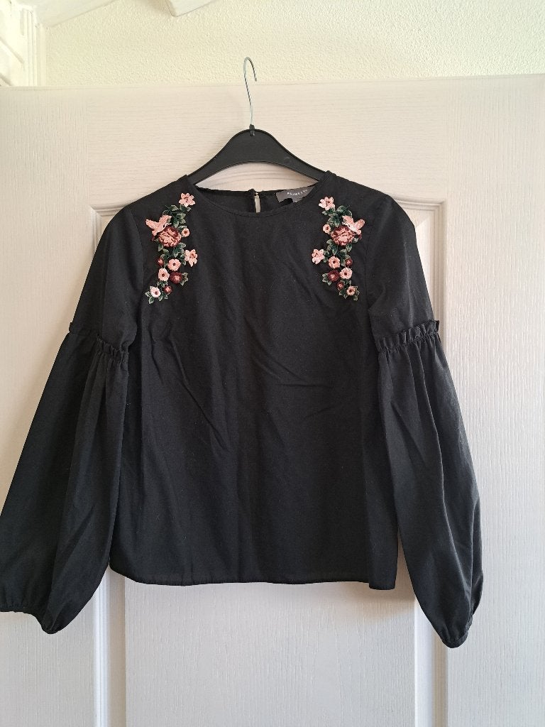 Dames blouse zwart geborduurde bloemen ballonmouwen 36/S, Ophalen of Verzenden, Zo goed als nieuw, Maat 36 (S), Zwart