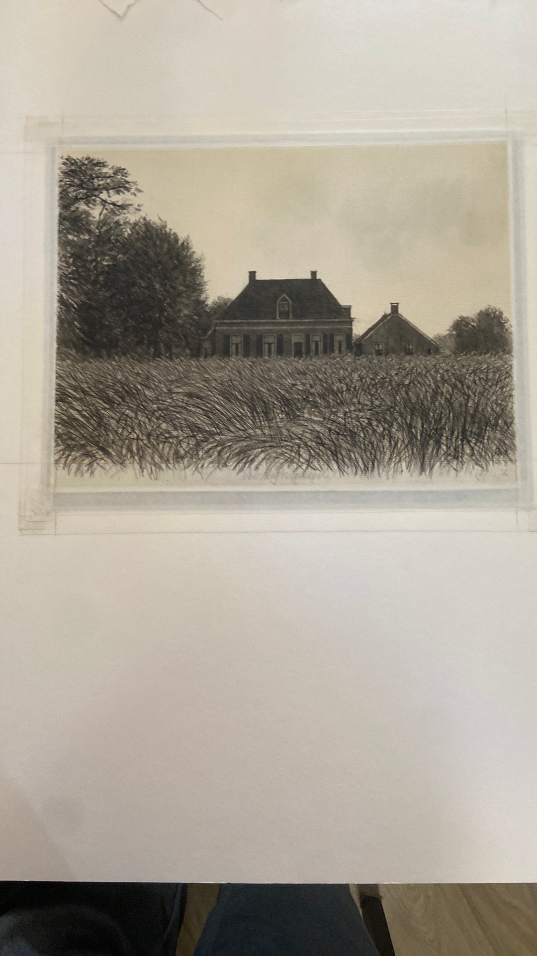 Pentekening Boerderij achter korenveld /Holten Philip Kouwen, Antiek en Kunst, Kunst | Etsen en Gravures, Ophalen, 25 cm, 1950 - 1999