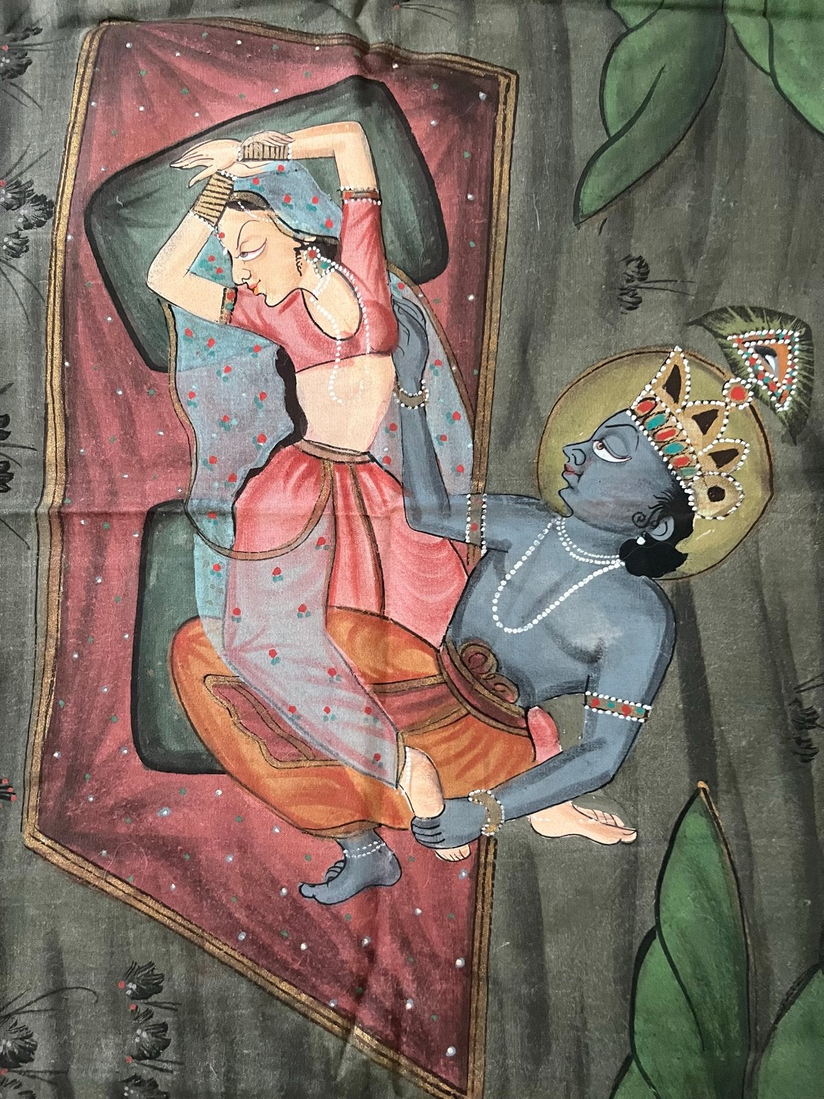 Klassiek Indiaas schilderij van Krishna en Radha, Antiek en Kunst, India, Ophalen of Verzenden, Meerkleurig, Geschilderd