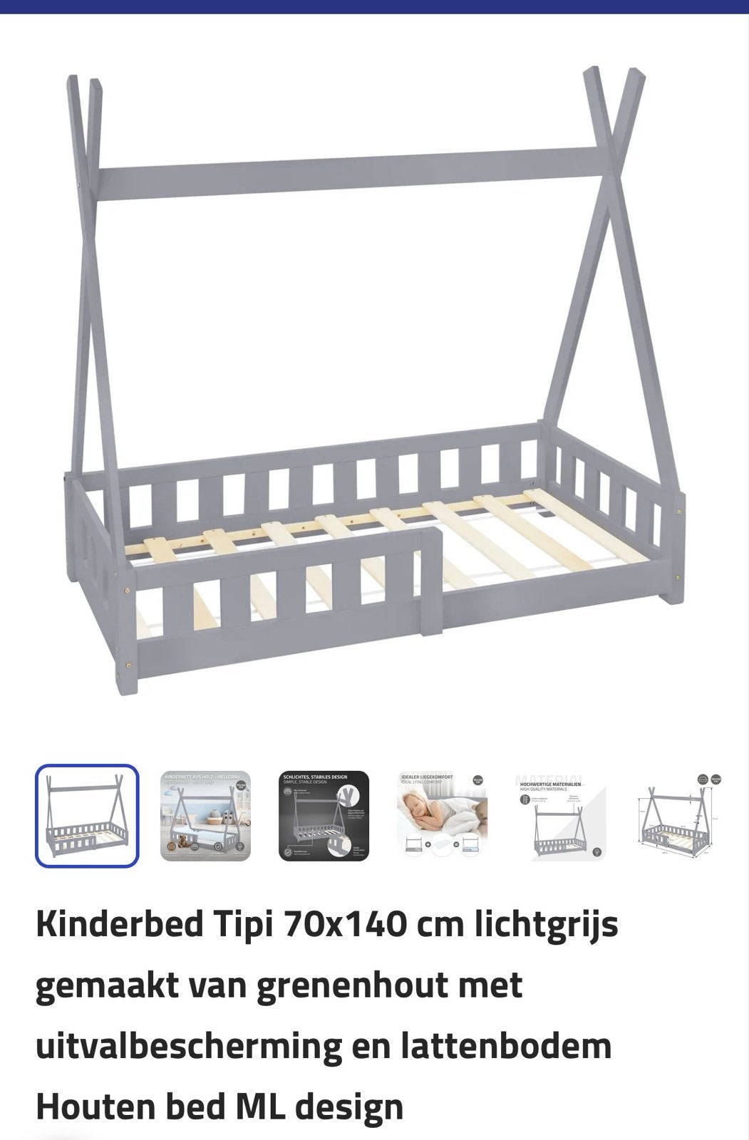 Kinderbed Tipi 70x140 cm lichtgrijs met lattenbodem, Ophalen, Gebruikt, 70 tot 85 cm, 140 tot 160 cm
