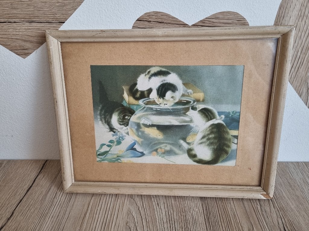 Mooi Vintage Poezen Schilderij Hout + Glasbescherming, Gebruikt, Hout, Ingelijst, Schilderij